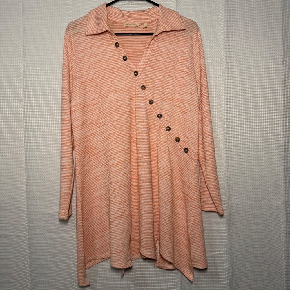 Soft Surroundings Tunic Large Orange Striped Asymmetrical Button Sharkbite Hem